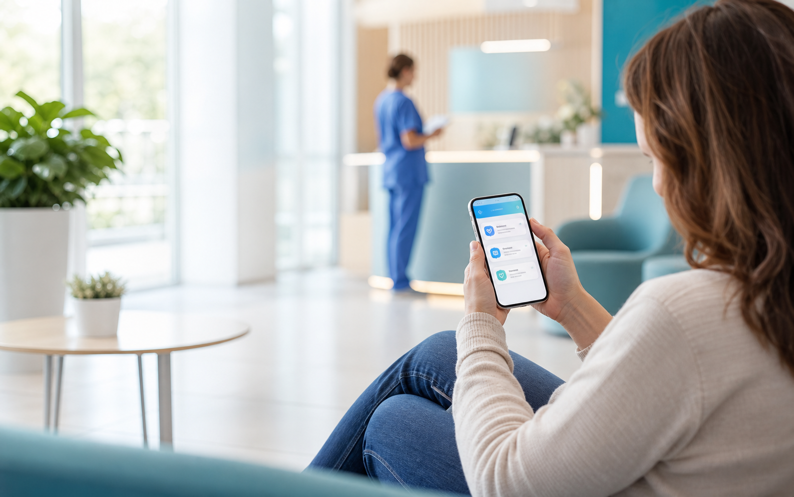 Familiare in attesa con smartphone in ambiente sanitario luminoso